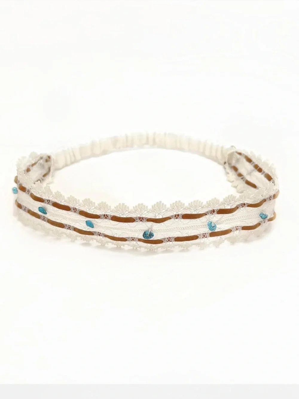 Boho Lace & Suede Beaded Headband - Cream with Tan and Turquoise